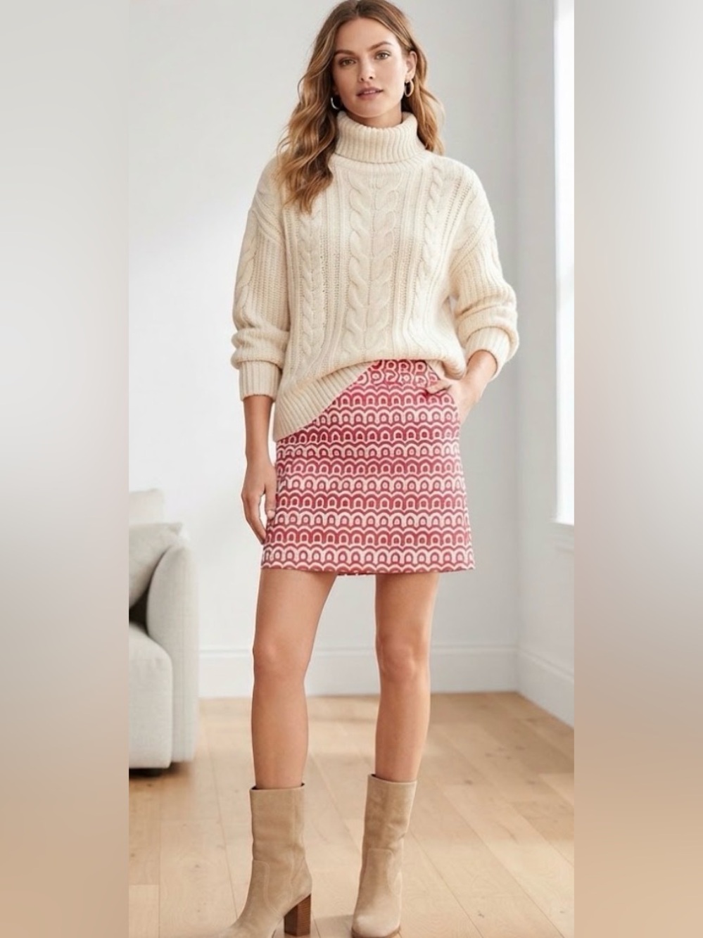 Ann Taylor Pink White Geometric Circle Pattern Lined Mini Skirt Retro Mod